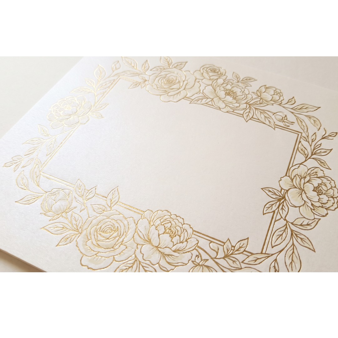 Elegant wedding invitation background  ivory and gold theme  delicate floral border wi